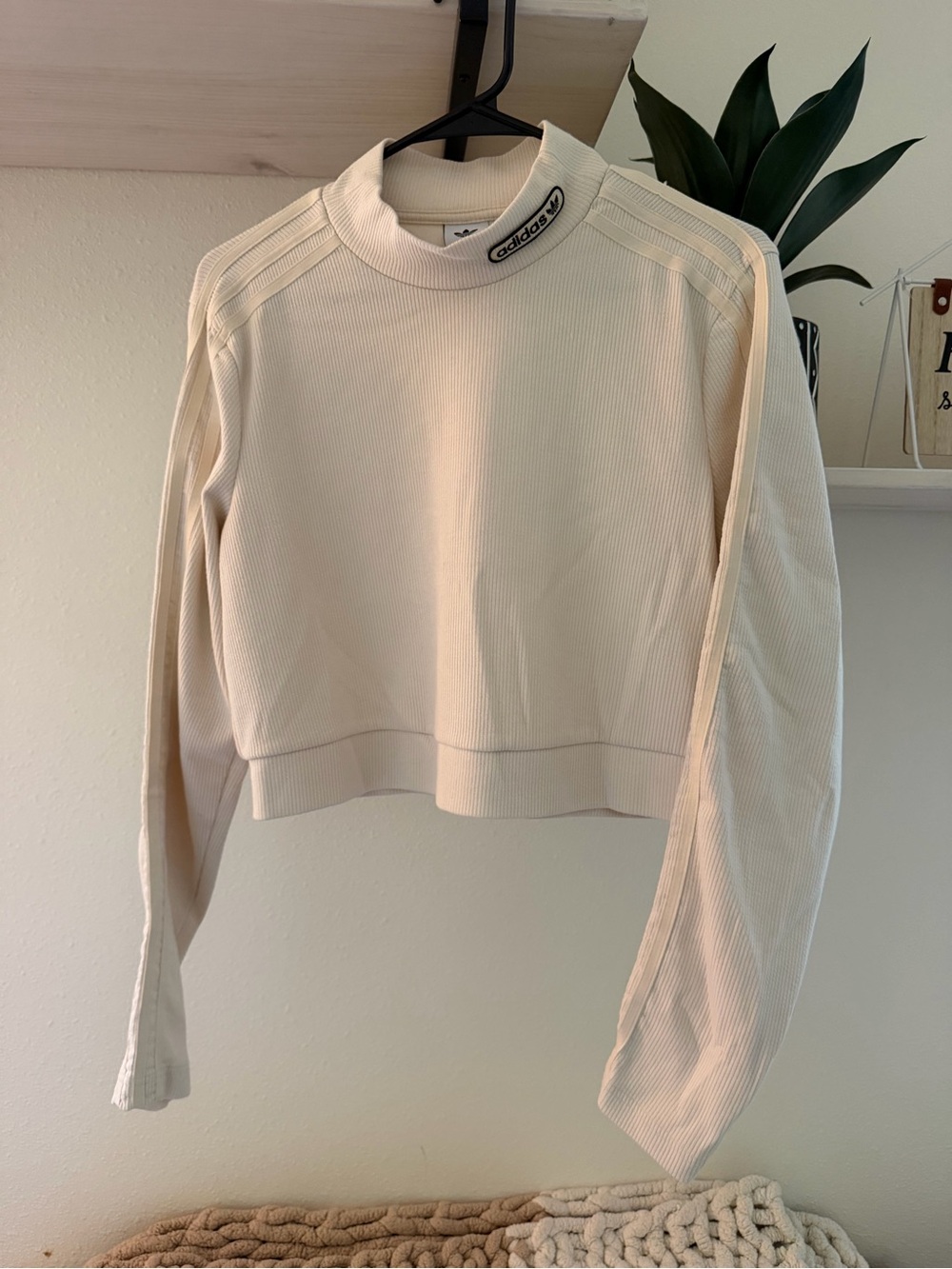 adidas Cream Ribbed Mock-Neck Cropped Sweatshirt